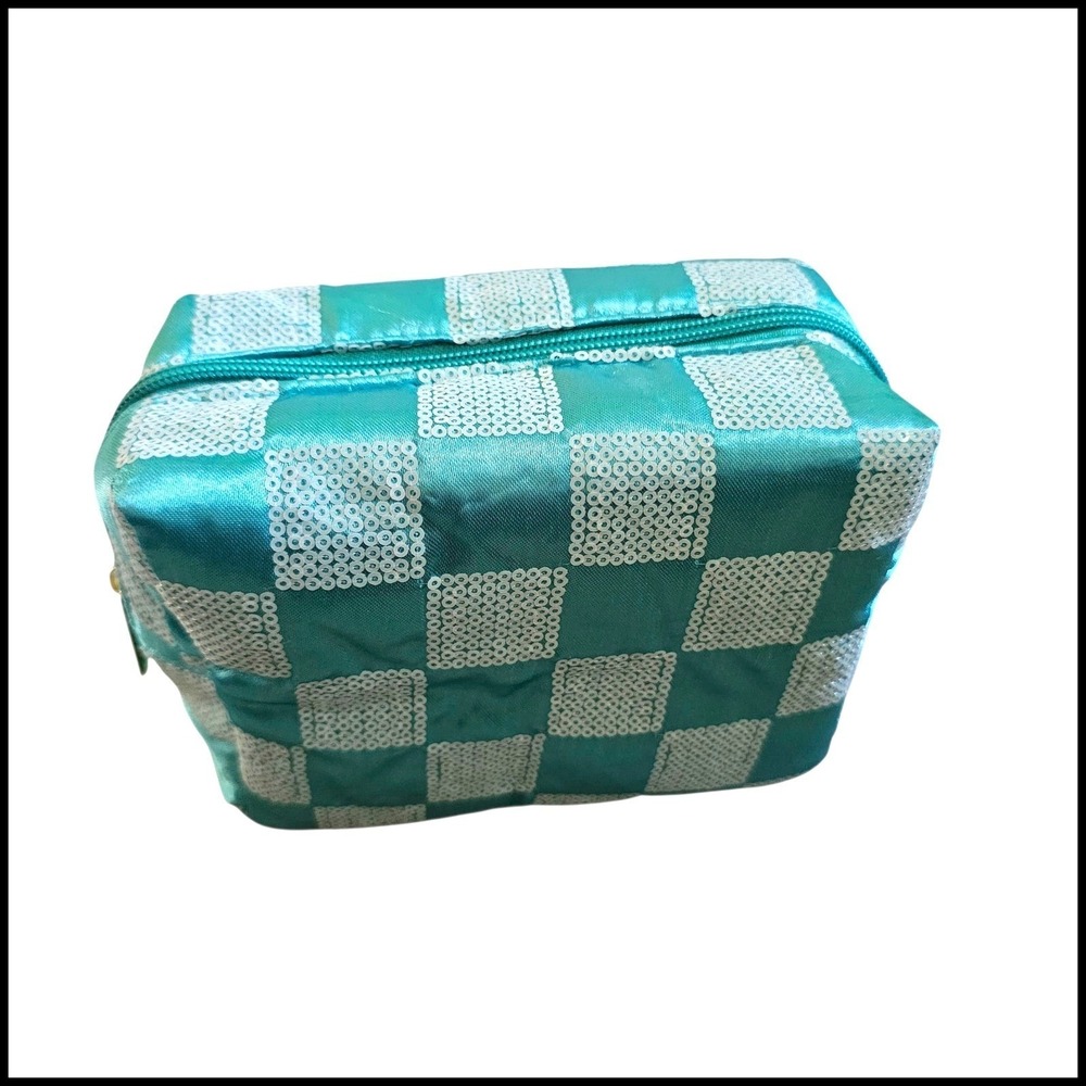 Teal Sequin Checkered Makeup Bag Cosmetic Travel Toiletry Small Case Pouch